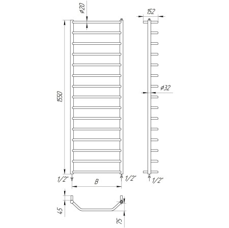 Сушарка для рушників трапеція Standart 15 водяна 1550x432