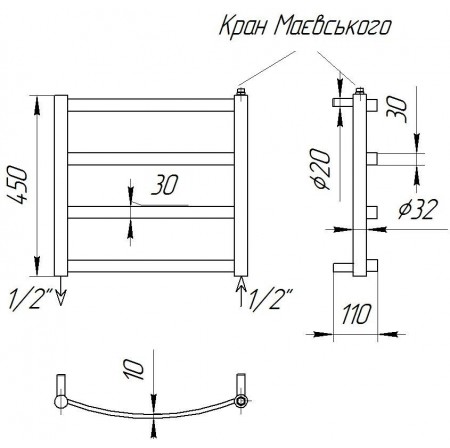 Рушникосушка Maxima 4 хром водяна 450x432